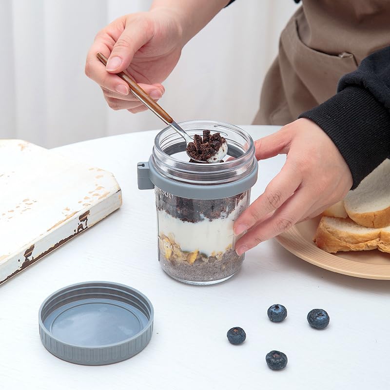 Supvox Overnight Oats Containers for Breakfast with Anti Leak Lid and Spoon 350ml Glass Jars | Pink and Grey Set of 2
