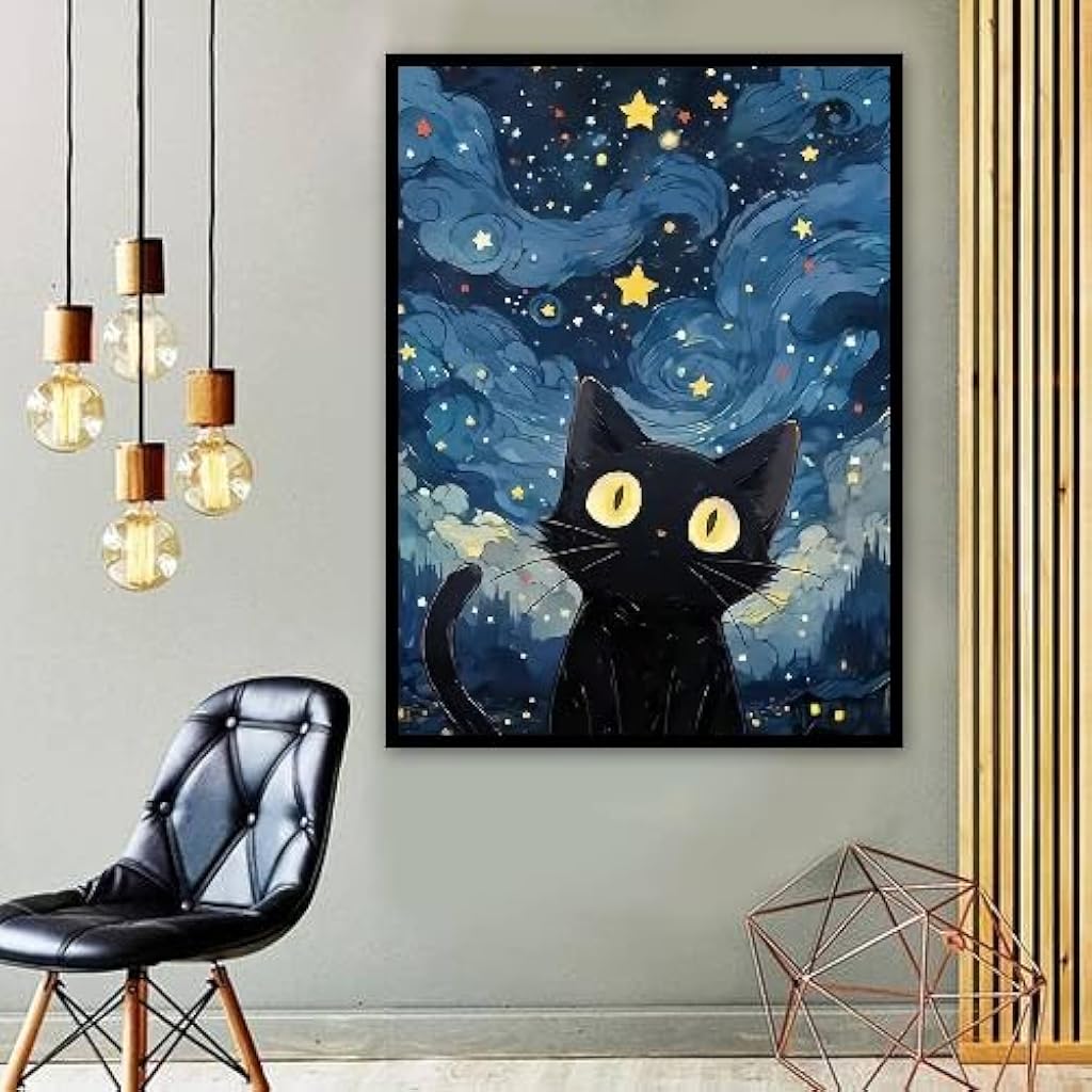 HANNEA® DIY Diamond Art Paint Kit, Cartoon Cat Starry Night Diamond Paint Kit with Tools & Accessories, 30x40cm No Frame Pre Outlined Canvas Diamond Art Kit
