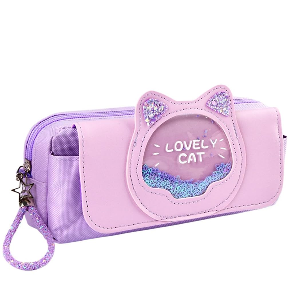 Zibuyu Cute Cat Kawaii Pencil Case for School with Quicksand Glitter and Handle | Purple PU Leather Organizer
