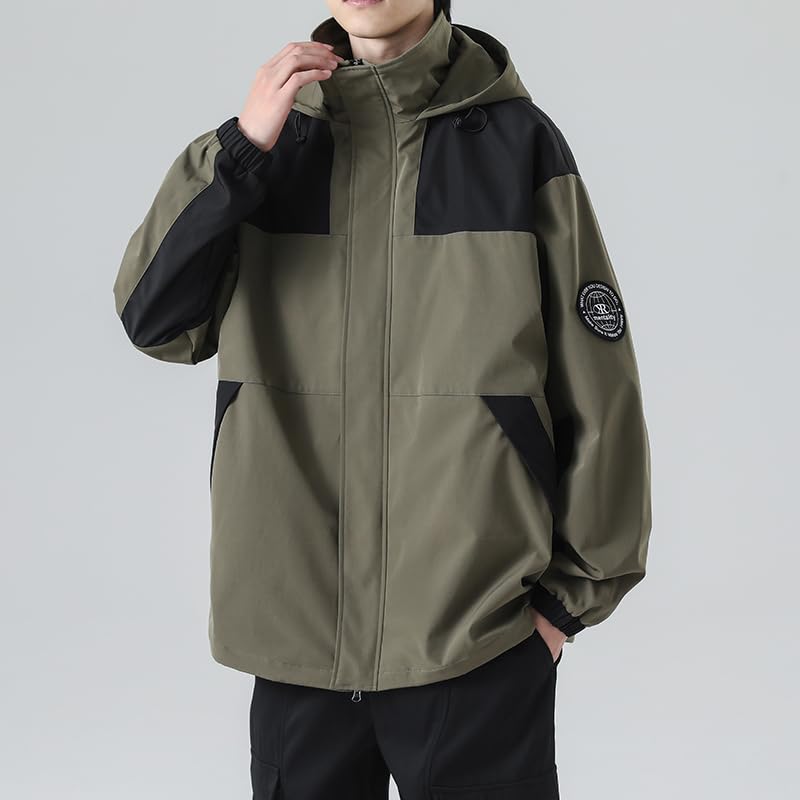 Venzina® Outdoor Hiking Jacket for Men, Splashproof Hoodie with Elastic Windproof Cuffs, Zippered Pockets, Double-Layer Thermal Design, Fashion Sporty Jacket for Hiking & Urban Commute, Army Green-M