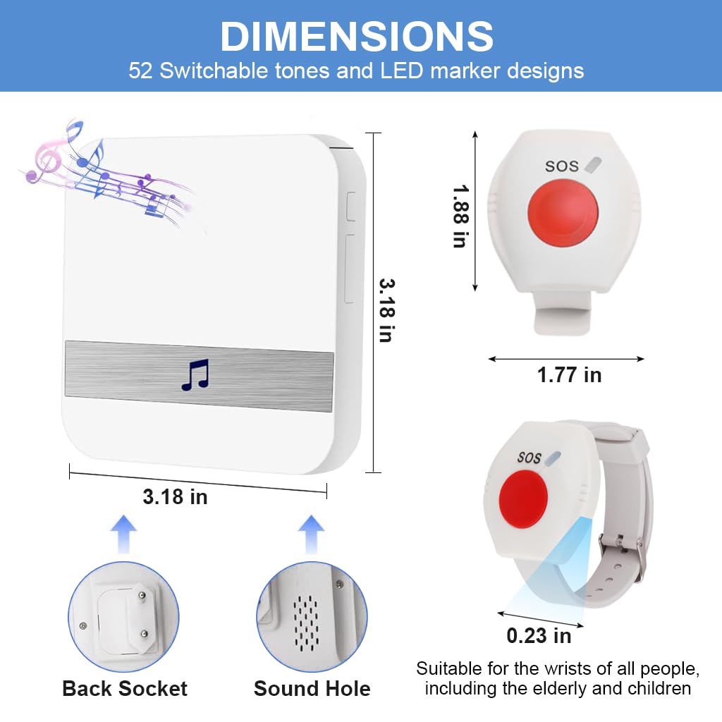 Supvox Wireless Life Alert System for Seniors with 262 ft Range and 52 Ringtones | 2 Call Buttons