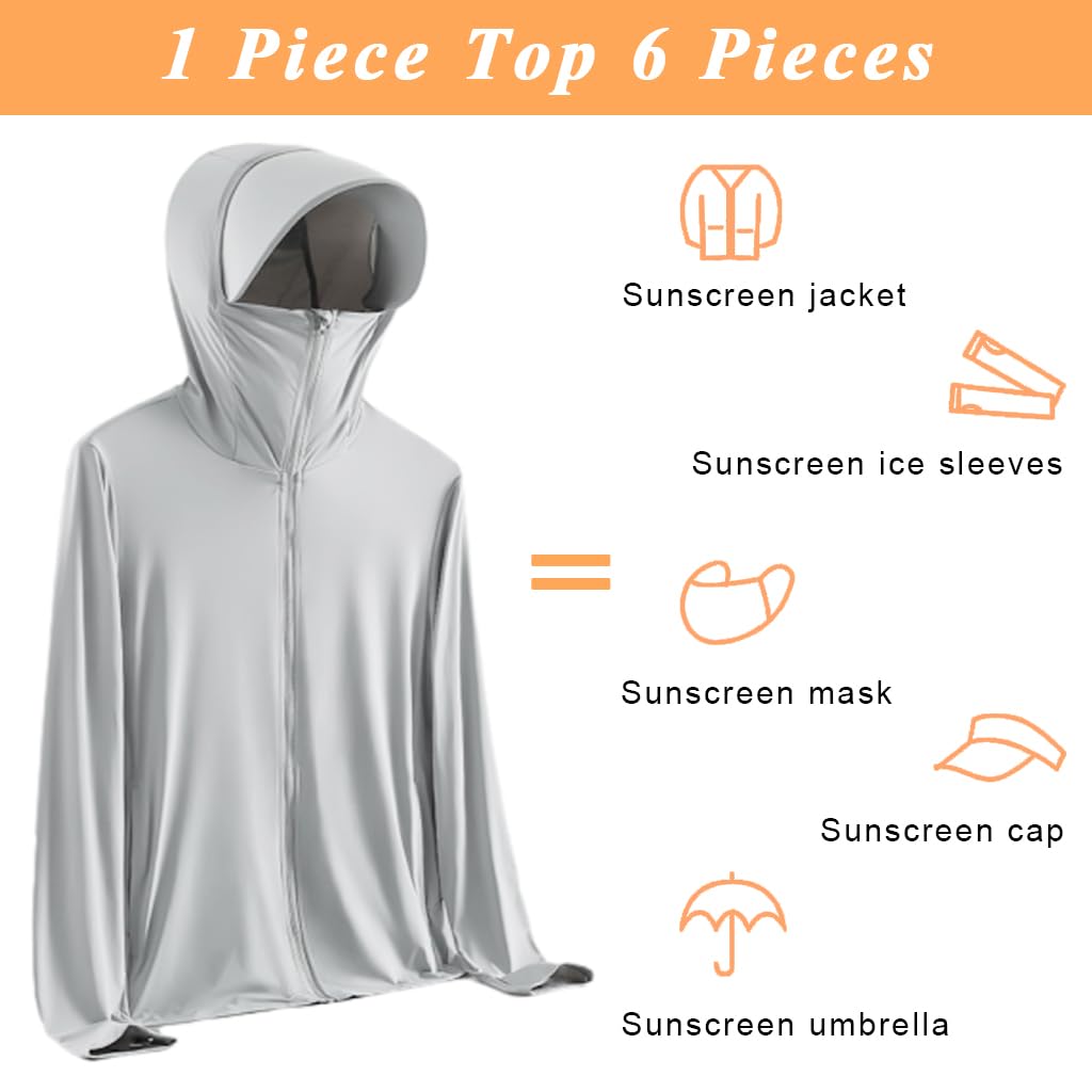 GUSTAVE Men's UPF 50+ Sun Protection Jacket with Full Zip Hood and Pockets for Outdoor Activities