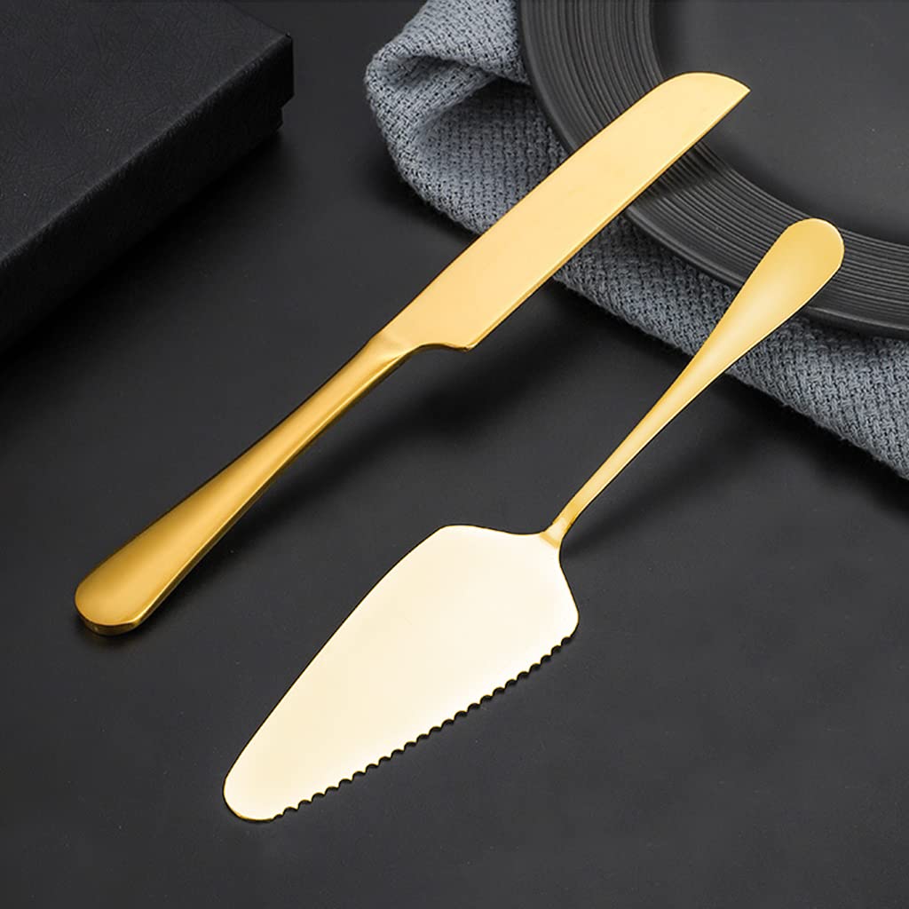 Supvox Cake Cutting Knife Set for Birthday and Wedding with 9 in Cutter and 8.6 in Server | Gold Stainless Steel Gift Set