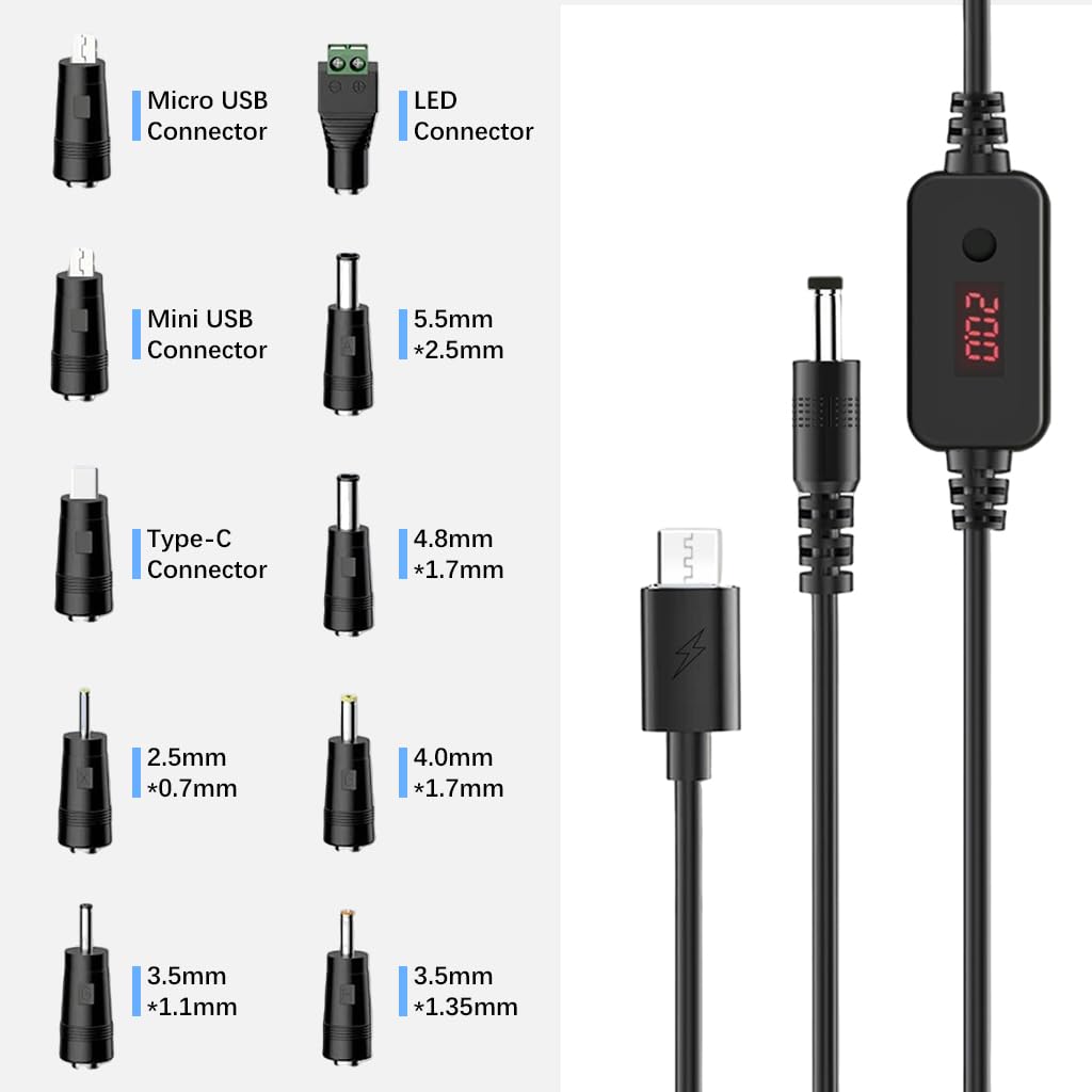 Verilux USB C to DC Cable for Notebooks and Routers with 8 Connectors 3.3 ft | Adjustable Power Design