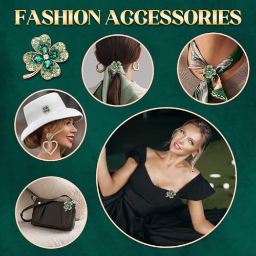 SANNIDHI® 2Pcs Green Clover Leaf Brooch Pin for Women, Gold Plated Vintage Rhinestone Saree Brooches, Lucky Crystal Jewelry Gift, Elegant Saree, Dress, Blazer, Shawl Accessory, Durable Metal