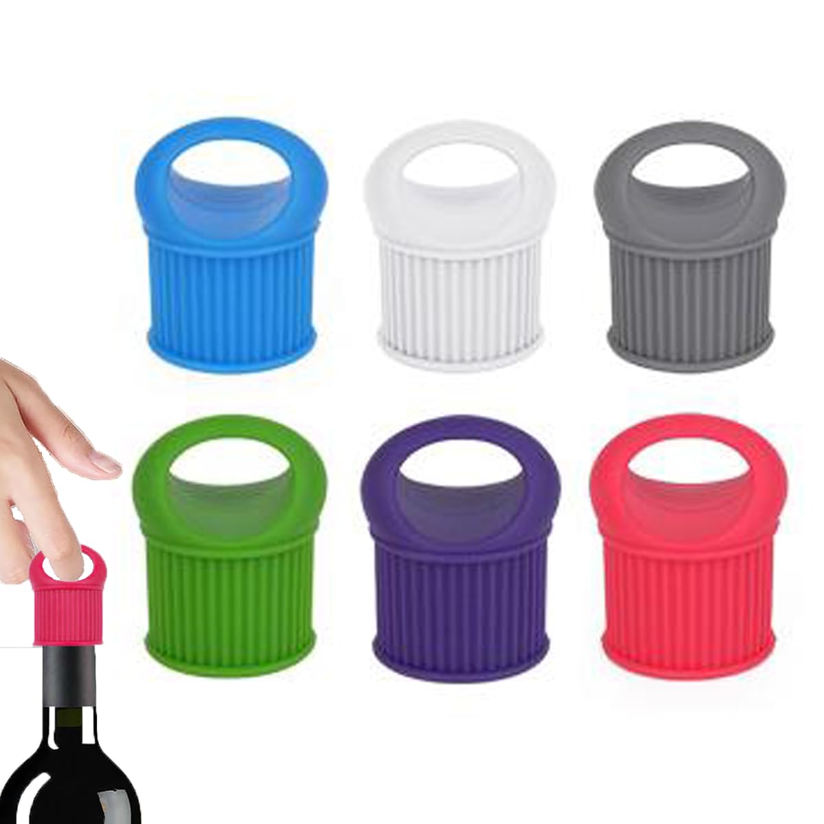 PATPAT Silicone Wine Stoppers 6Pcs Set with Easy Pull Handle and Airtight Leak-Proof Seal