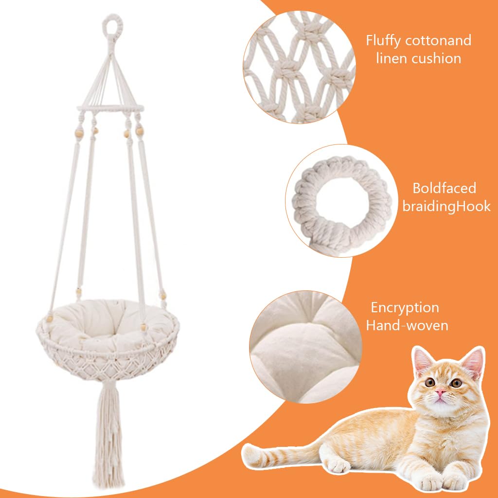 Qpets Ceiling Chair for Cat with Soft Cushion and 47.2 in Hanging Design | Boho Woven Bed