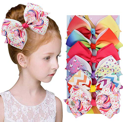 PALAY 6 Pcs Hair Bows for Kids Girls, Unicorn Bow Hair Clips for Girls Hair Accessories Stylish Grosgrain Ribbon and Barrettes Alligator Clips Gift