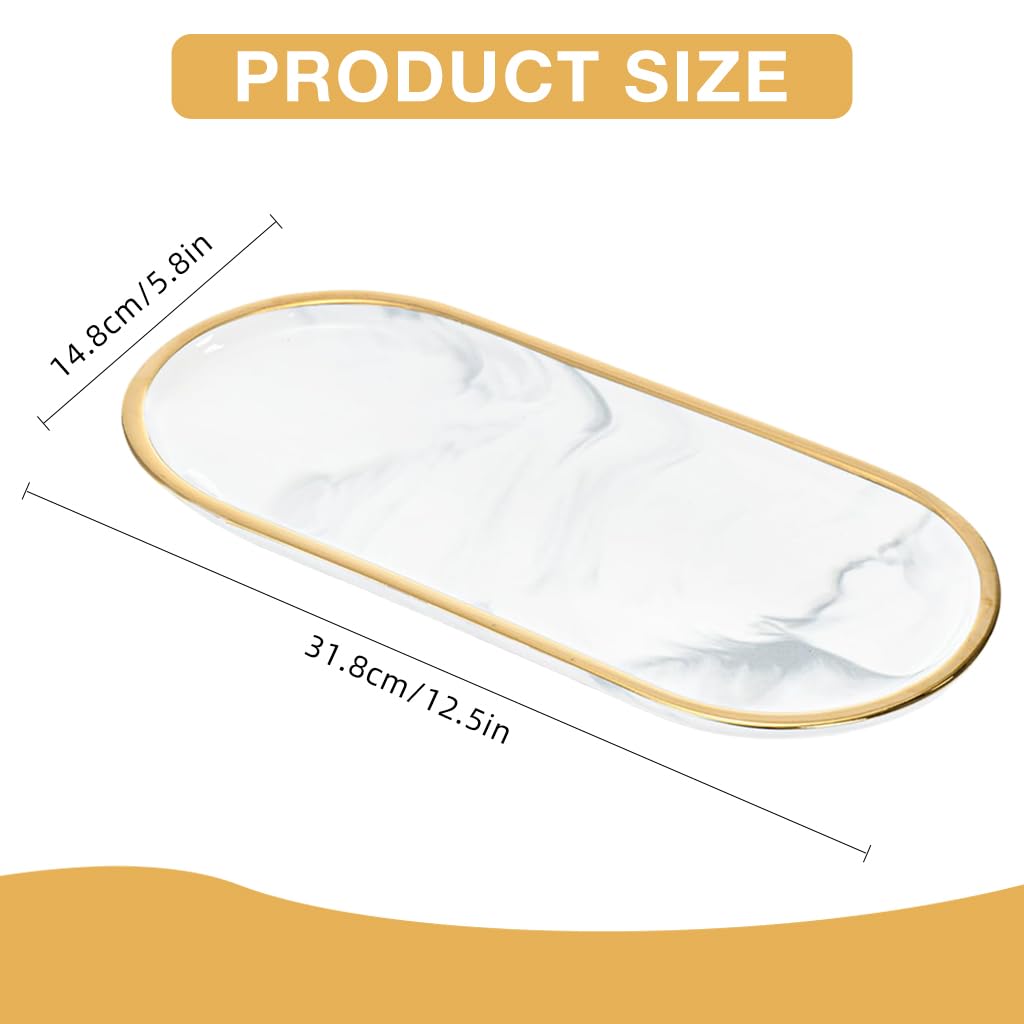 HASTHIP Vanity Tray for Bathroom Countertops with Raised Edges featuring 31.8x14.8cm Ceramic Marble Pattern | Elegant Organizer for Jewelry and Makeup