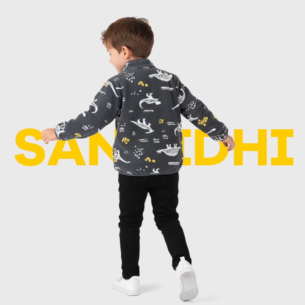 SANNIDHI Kids Polar Fleece Jacket for Winter with Dinosaur Print and Zip Up | Black 130CM