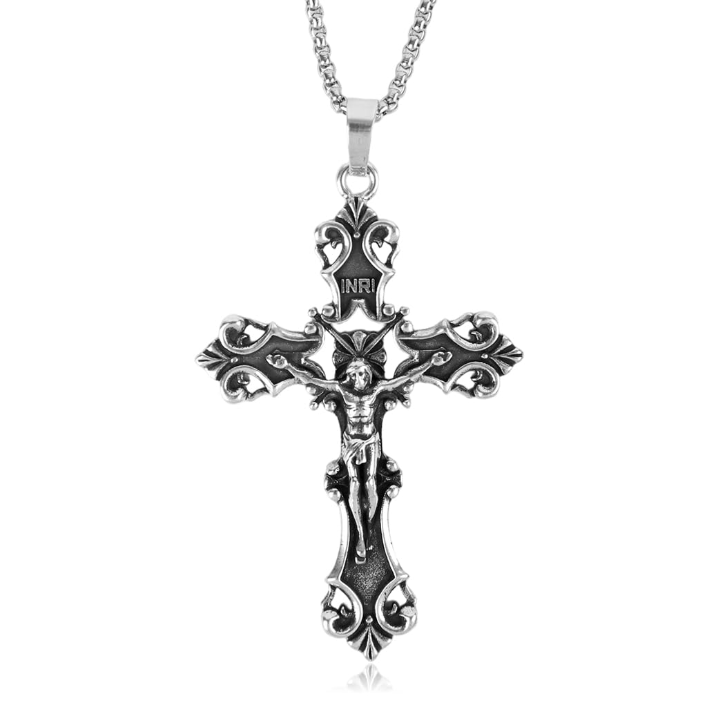 GUSTAVE Gothic Cross Necklace featuring 3D Embossed Pendant and 18–22 in Stainless Steel Chain