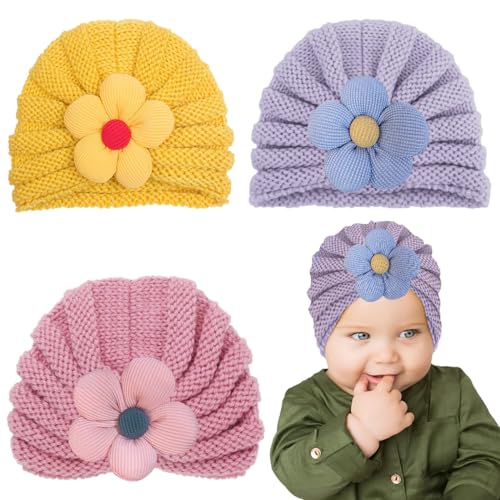 SNOWIE SOFT® 3Pcs Baby Hats for Girls Winter Cap for Kids Winter Hat Set Woolen Cap for Baby, Knitted Flower Cap Warm Beanie Toddler Stretchy Hat for 0 to 2 Years Baby Shower Gifts, Christmas Gift