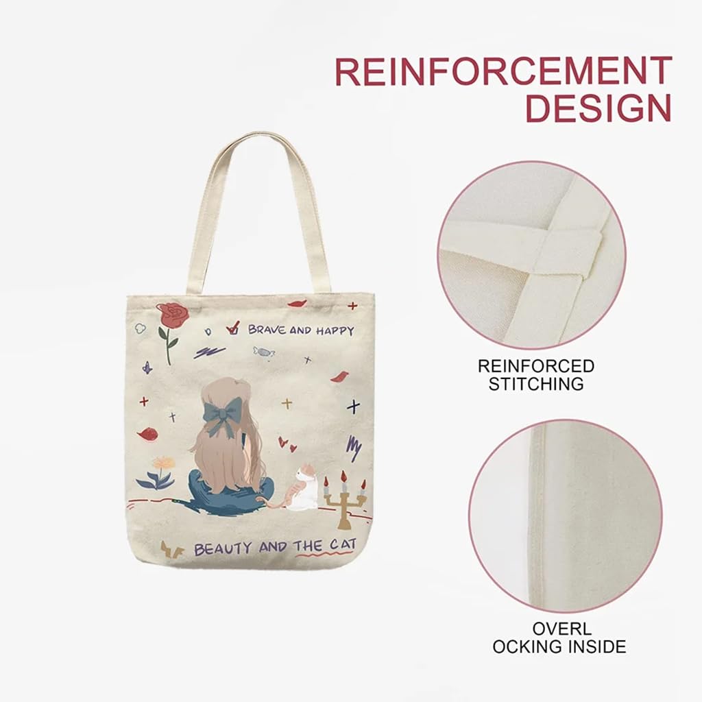 Zibuyu Cotton Canvas Tote Bag for Shopping and College with Graphic Print | Foldable Washable White 1 Pc