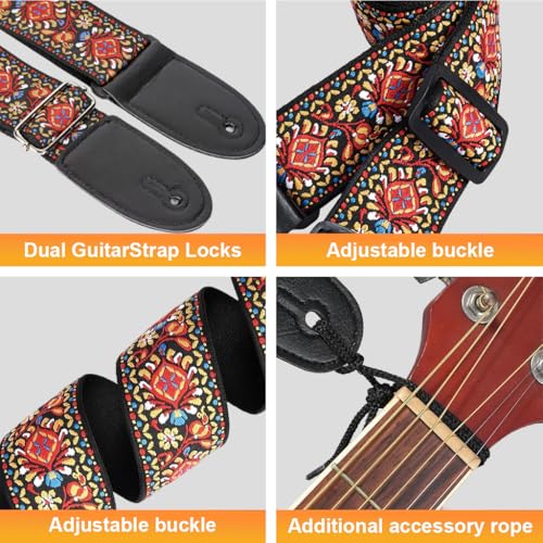 HASTHIP® Guitar Strap Double-Sided Fashion Embroidered Adjustable 34-41 Inches for Acoustic Electric Bass Gift Players 2PCS
