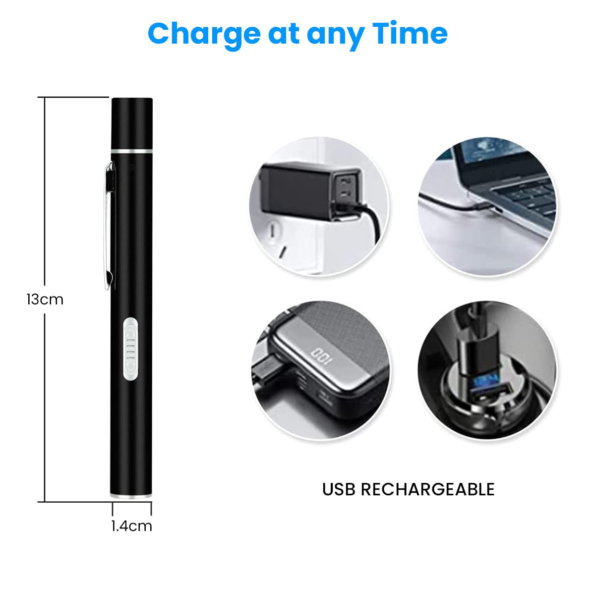 ELEPHANTBOAT Pen Torch for Doctors and Nurses with Dual Light USB Recharge | 130×13 mm Compact Design