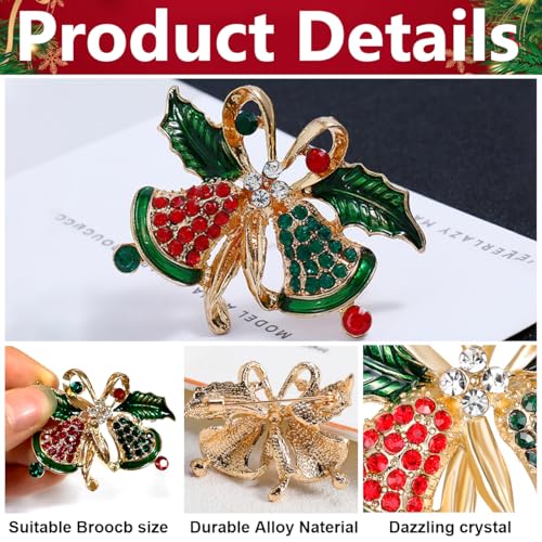 Venzina® Christmas Brooch for Women Men Inlaided Rhinestone Shining, Christmas Bell Brooch, Alloy Brooch for Coat Dress Gown Shawl Sweather, Christmas Gift