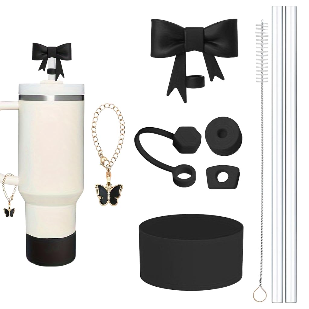 HASTHIP® 5pcs Compatible with Stanley Cup Accessories - 3Pcs 10mm Bow Straw Topper Cover Cap, 2pcs White Bow Charms for Stanley 30&40 Oz Tumbler with Handle