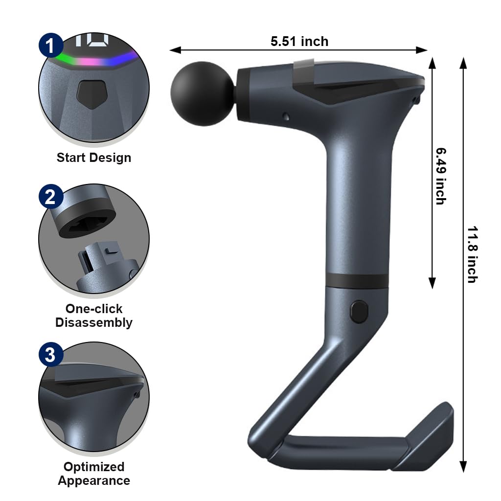 HANNEA® Fascial Gun Cordless Deep Muscle Stimulator with 4 Attachment Massager Heads & Extender Handle & Massager Belt, 12 Intensity Levels Switchable Electric Massager Deep Muscle Relaxation
