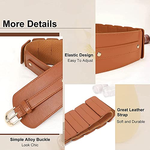 PALAY® Brown Belt for Women Fashion PU Width Waist Metal Buckle Design Corset Interlocking Vintage Blouse Blazer Dress Belts Brown 23-33 inches 3PCS