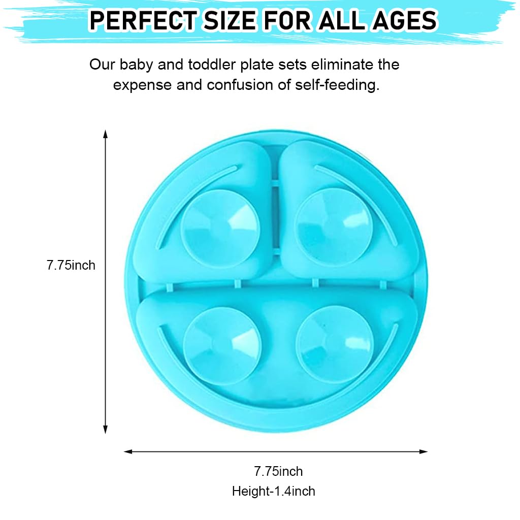 SNOWIE SOFT® Suction Plates for Baby Feeding BPA Free Foodgrade Silicone 3-Grid Food Plates for Kids, Young Kids Tableware, Silicone Dinnerware with 4 Suction Cups, Dish Washer Safe (Blue)