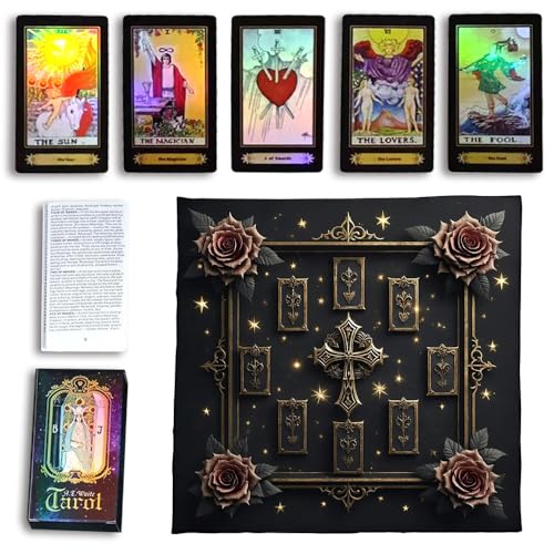 PATPAT® Tarot Deck Set,78Pcs Tarot Cards,Aesthetic Illustration Design with Iridescent Finish Beginner Enthusiasts Friendly with Guidebook Decorative Reading Cloth