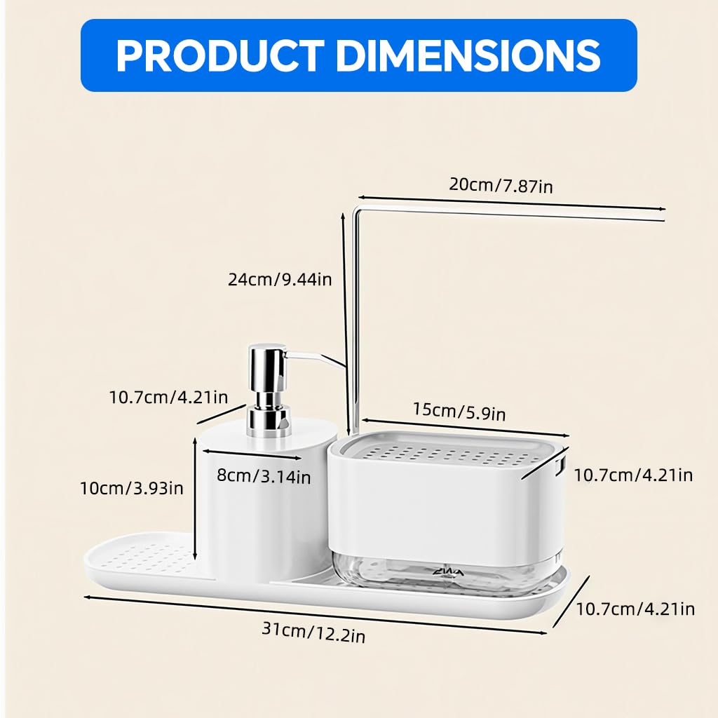 HASTHIP 4 in 1 Soap Dispenser for Kitchen Sink with Organizer and Sponge | Compact White Design