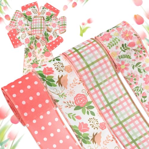 PATPAT® 4 Rolls Color Plaid Ribbons Floral Ribbons for Gifting Wrapping Wired Fabric Ribbons 6.3cm x 5 Yard Rustic Style Floral Ribbons Customized Decorative Ribbons for DIY Crafting, Scrapbooking