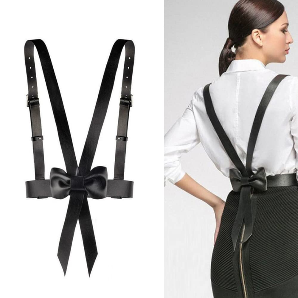 PALAY® Body Harness Waist Belt for Women Bow Tie Leather High Waist Black Belts for Women Dresses, Adjustable Ladies Punk Underbust Chest Belt for Shirt Blouse Dress