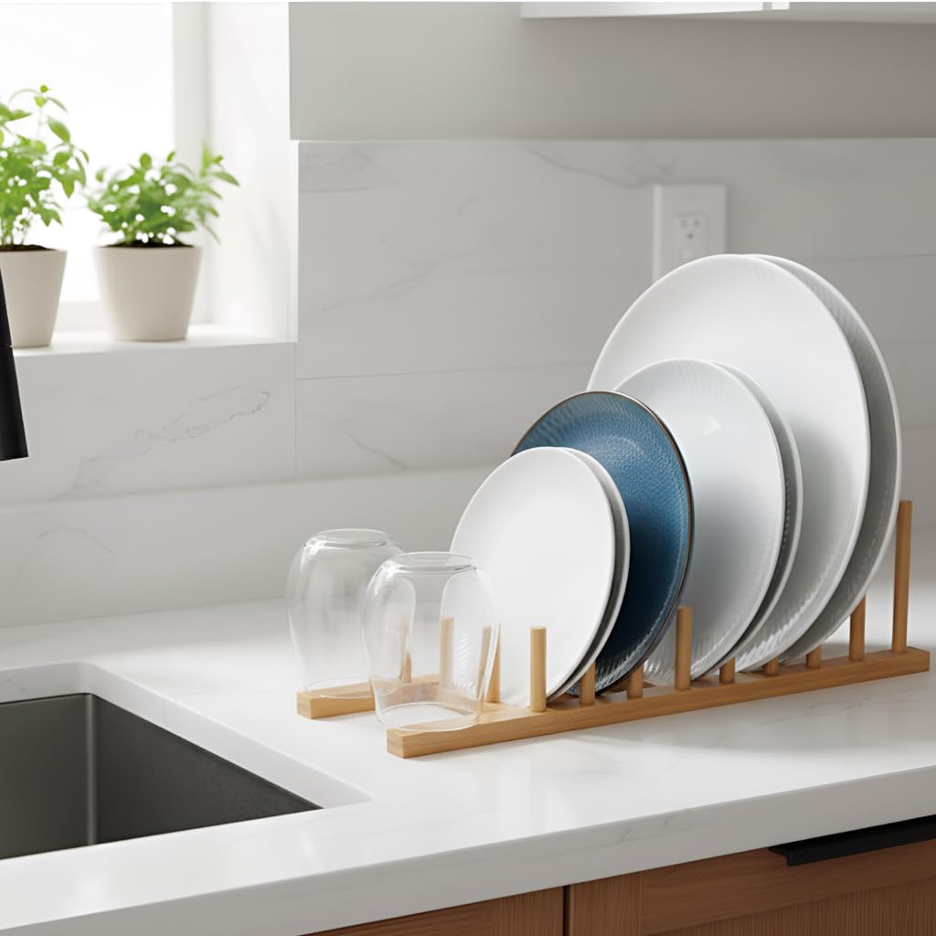 Zibuyu Bamboo Dish Rack for Kitchen Organization with Foldable Space Saving Design