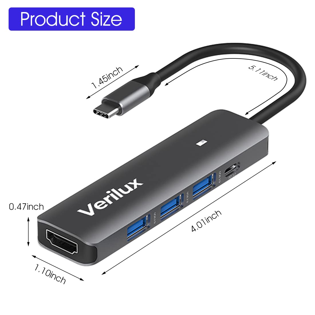 Verilux® USB C Hub 5 in 1 Type C Hub Portable Multiport USB C Adapter with 4K@30Hz HDMI Output, USB 2.0/3.0 Ports,USB C 100W PD for MacBook Pro/Air M1, iPad Pro 2021