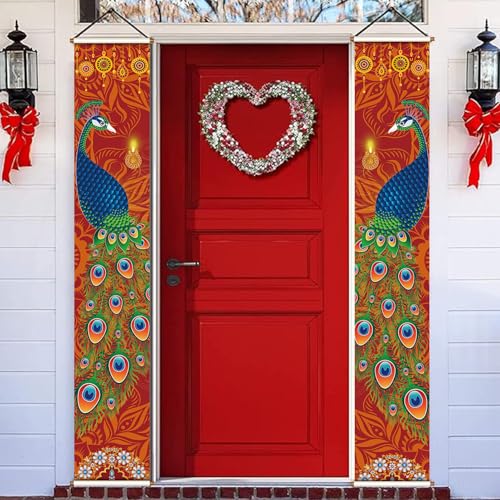 HASTHIP® Diwali Decorations Hanging Banner, Happy Diwali Porch Sign with Peacock Diya, Indian Festival of Lights Welcome Banner for Deepavali, Front Door Wall Decor, Indoor Outdoor Holiday Party