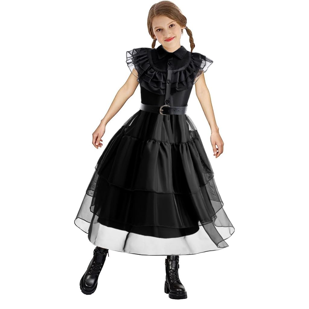 PALAY® Wednesday Addams Dress, Fancy Baby Girls Dress Costume for Kids 3-5 Years Old, with Socks, Necklace, Bracelet, Ring & Earrings Jewelry Set for Party Halloween Cosplay