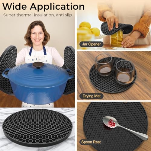 ZIBUYU® 6PC Silicone Mats for Kitchen Counter, Round Silicone Trivets for Dining Table Surface Protector Honeycomb Design Round Silicone Coaster for Hot Utensils, Cup, (7 inch), Black - 3,Grey-3