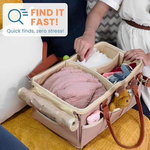 SNOWIE SOFT® Baby Diaper Bag Felt Caddy Organizer Basket with Handle Multi Compartments Carry All Mommy Newborn Supplies Zip-up Handbag Gift Khaki 3PCS