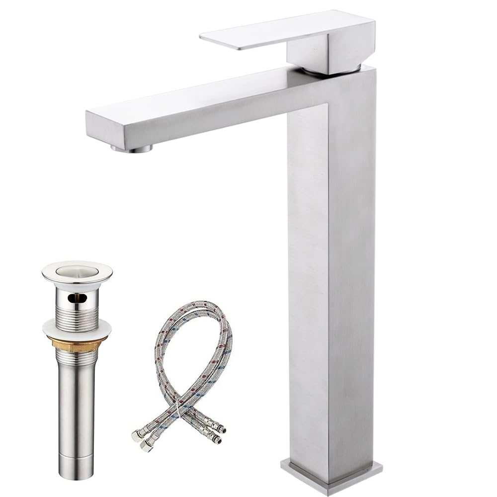 HASTHIP® Vanity Faucet Bathroom Mixer Faucet 11.2 inch High-Rise Sink Faucet, Stainless Steel Mixer Tap with Single-Handle, Faucet Modern Vanity Sink Minimalist Metal Aerator Faucet, Universal Fit