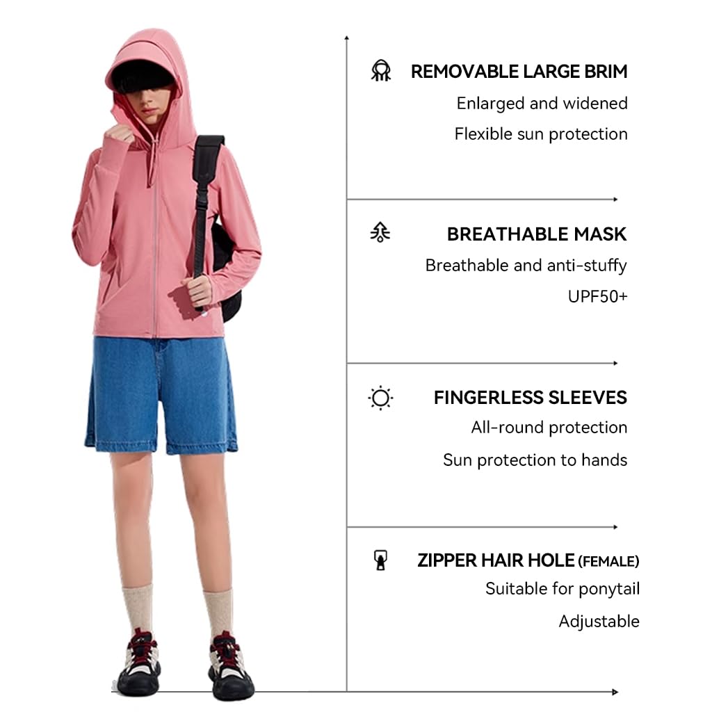 Venzina Women’s UPF 50+ Sun Protection Jacket for Hiking with Hood and Thumbholes | Lightweight Polyester Spandex UV Shirt with Zipper Pockets, Orange Red