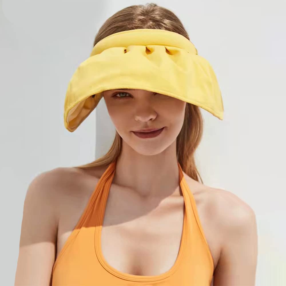 PALAY® 2 in 1 Wide Anti-UV Brim Hat for Women Girls, Breathable Wide Brim Hat,Clip On Sun Visors Wide Brim Hat, Roll Up Hat (Yellow)