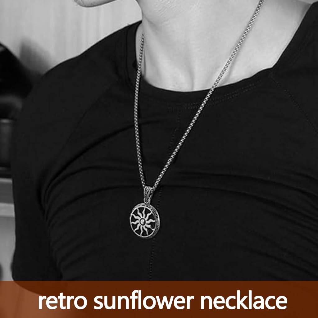 Zibuyu Sun Pendant Necklace with Polished Black Stainless Steel Chain for Men & Women | Vintage Protective Amulet Jewelry