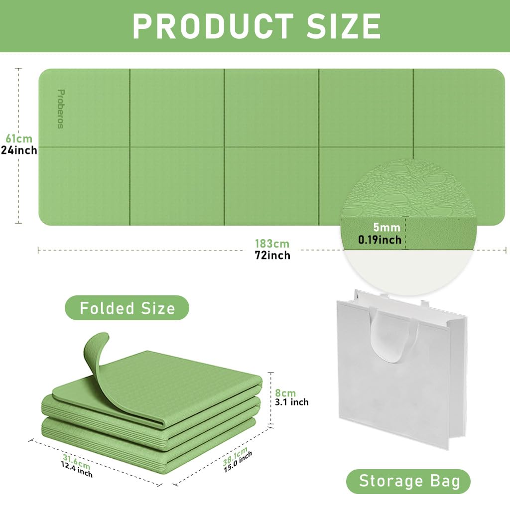 Proberos Yoga Mat for Home Workout featuring Folding Design and 5mm Cushion | Green TPE 72x24 in