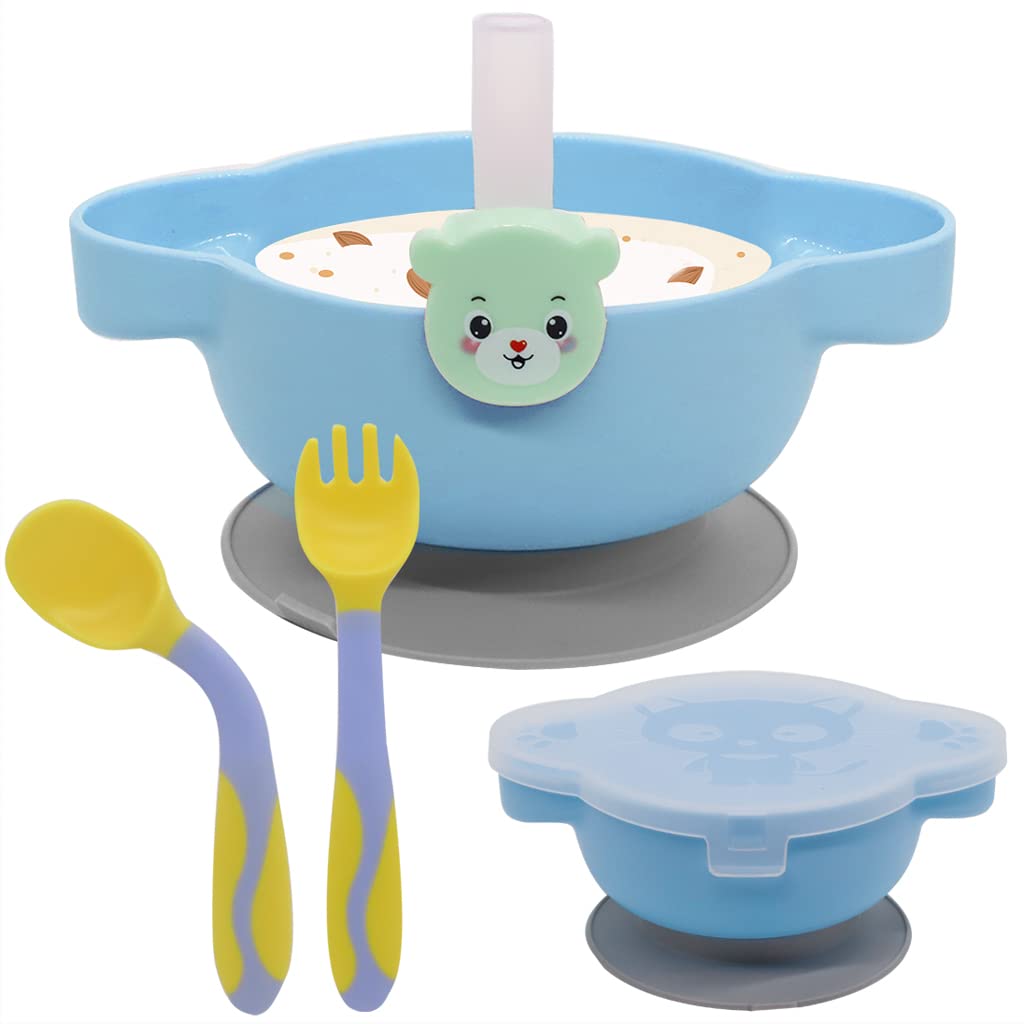 ELEPHANTBOAT® 4Pcs Baby Plates for Baby with Cover, Fork, Spoons and Straws- Suction Cup Bowl Set- Self Feeding for Toddler -Training Dinnerware, Dishwasher & Microwave Safe, BPA Free