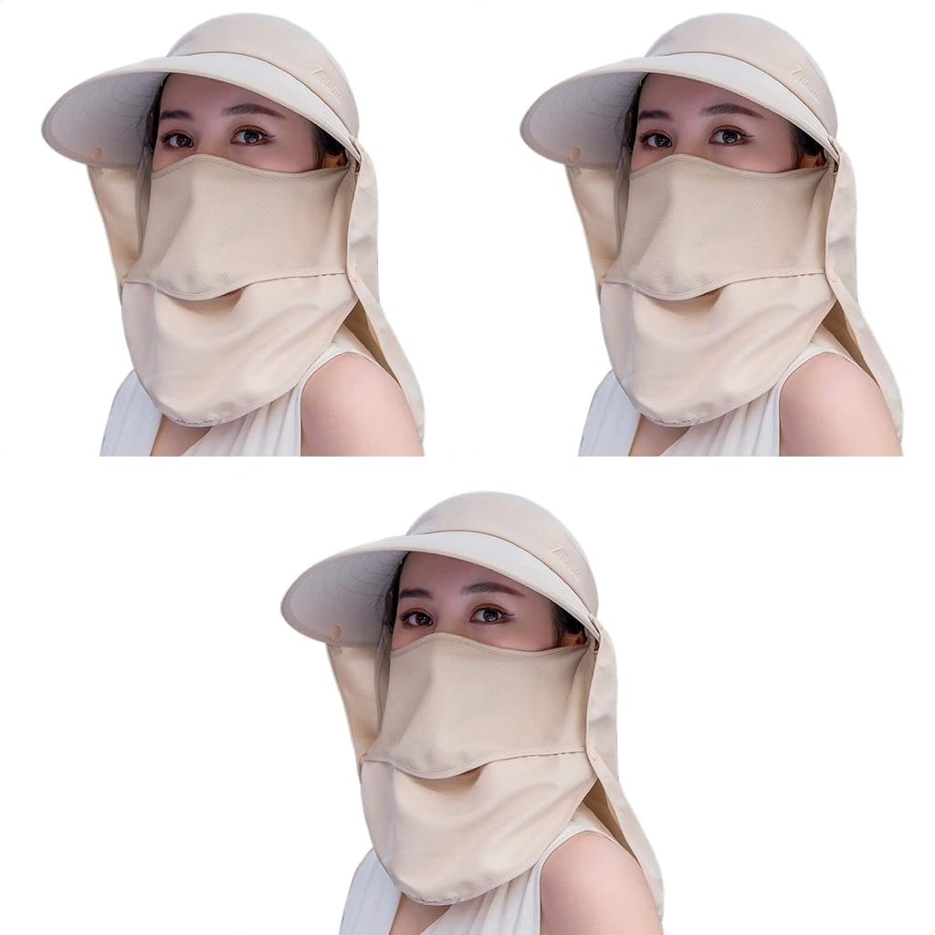 GUSTAVE Women Sun Hat for Fishing with 5.5 in Wide Brim and Detachable Flaps Khaki 3 PCS