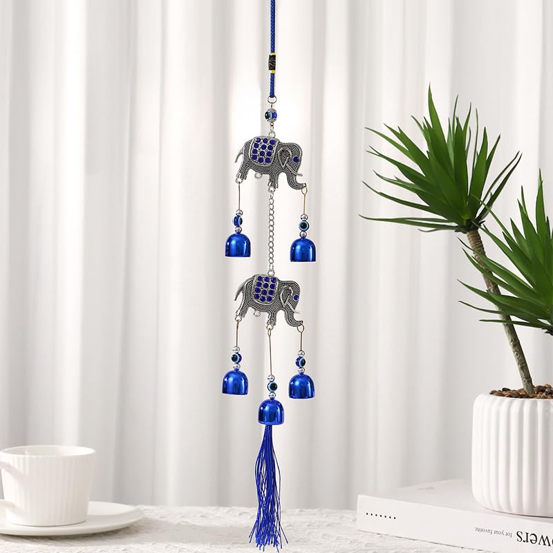 HASTHIP Elephant Wind Chimes for Balcony with 5 Blue Metal Bells | Good Luck Home Decor