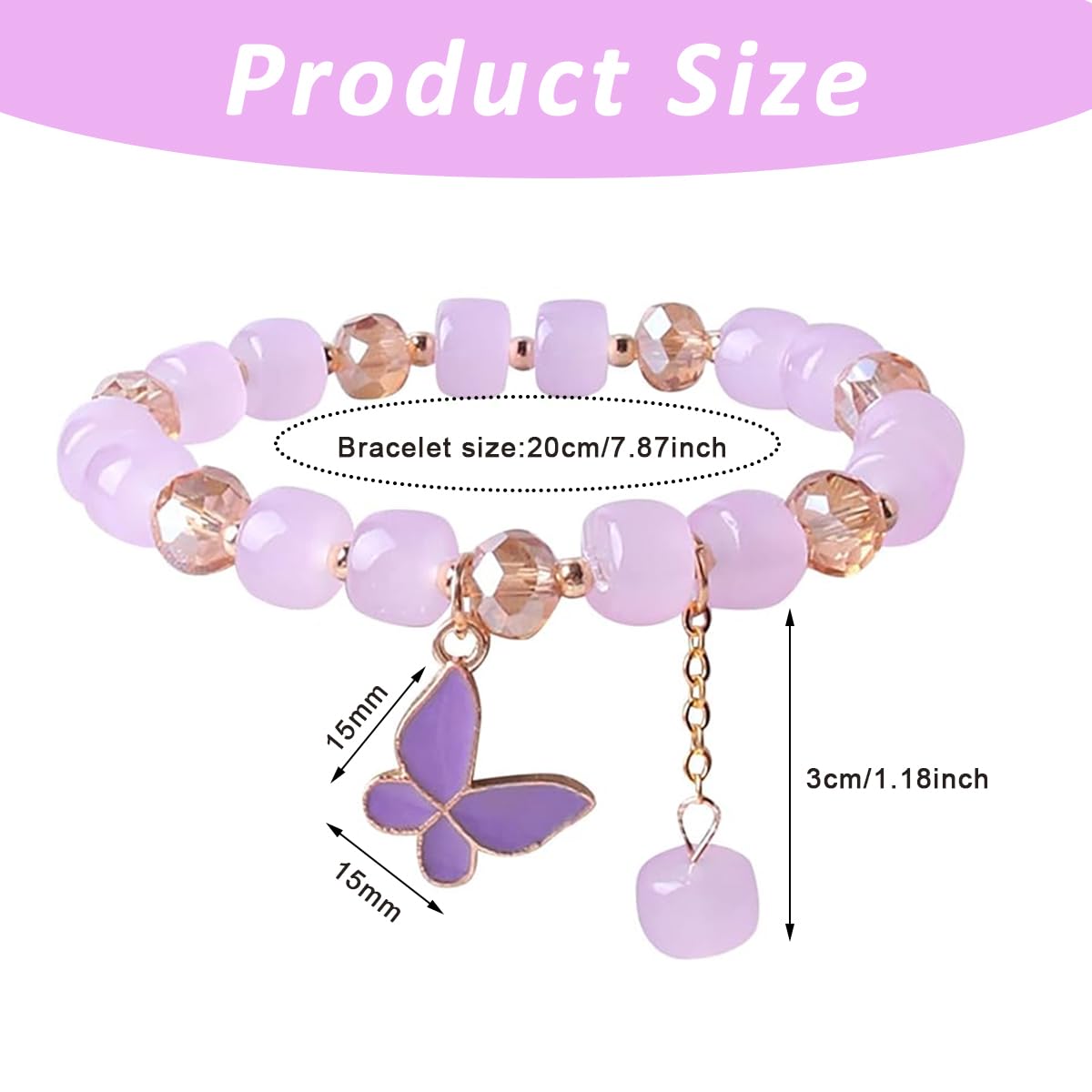 ZIBUYU Girls Beaded Bracelet Purple Butterfly Charm Beaded Bracelet Fashion Elastic Crystal Glass Beaded Bracelet Jewelry Gift Bracelet for Girls Women
