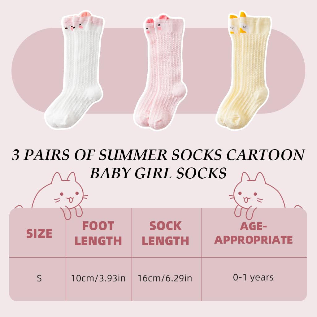 SNOWIE SOFT Baby Girls Stockings for 1–3 Years with Breathable Mesh and Cartoon Designs | 3 Pairs Cotton Polyester Knee High Socks