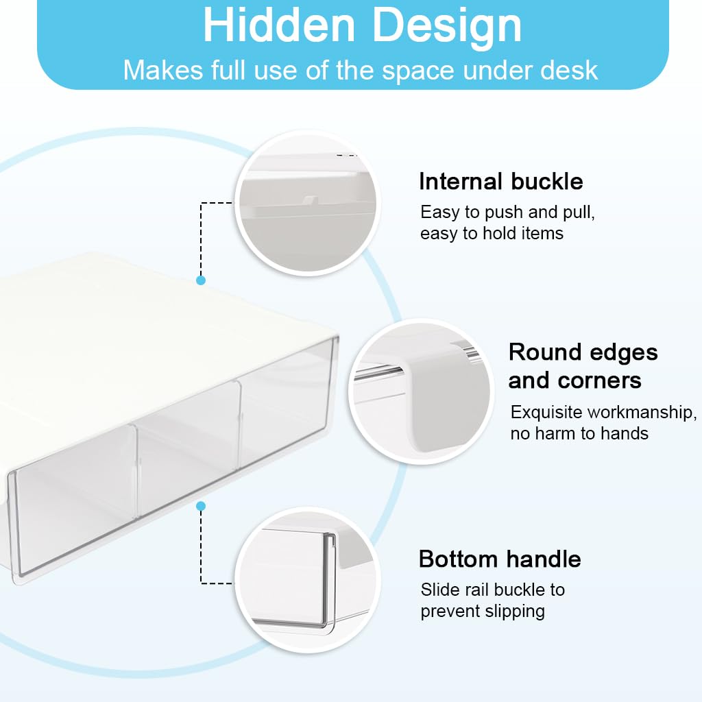 OFIFO Pull Out Under Desk Drawer Organizer for Office Supplies featuring Adhesive No Drill Install and Clear PP Design | 9.2x12.7x3 in Hidden Storage Box