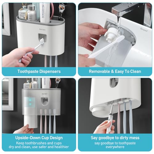 ZIBUYU® Toothbrush Holder Bathroom Stand 3 in 1 Wall Mounted with Toothpaste Dispenser Single Cup Family Self Adhesive Organizer 3PCS