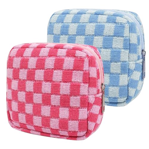 MAYCREATE 2pcs Small Makeup Pouch Sanitary Pad Pouch 5.5in Period Bag Checked Print Coin Purse Zipper Sanitary Napkin Pads Storage Pouch Feminine Travel Pouch for Teen Girls Women