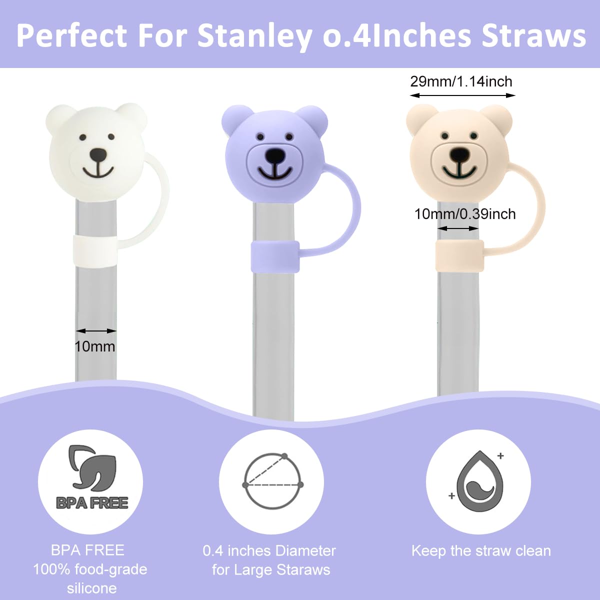 ZIBUYU Silicone Straw Covers for Stanley Cup Tumblers featuring Cute Bear Caps 12PCS
