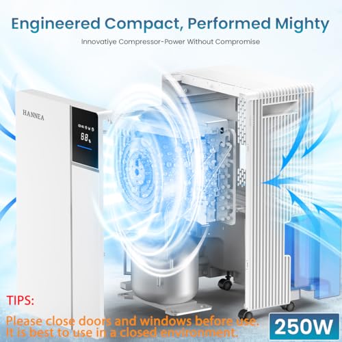 HANNEA® Dehumidifier for Home 250W 12L/day Dehumidifier with Drain Hose Up to 350 ft² Coverage Ideal for Basement Bedroom Bathroom Intelligent Humidity Control Auto Defrost, 24H Timer