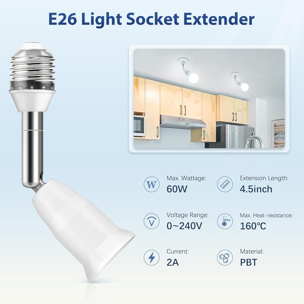 ELEPHANTBOAT Swivel Extension Socket for E27 Bulb with 180° Rotation and 5.5 in Length | 2Pcs